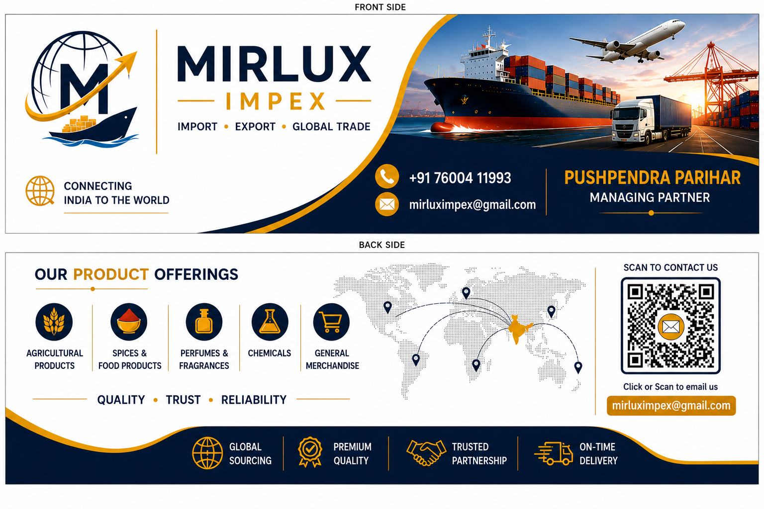 Mirlux Impex business card with product offerings and contact details