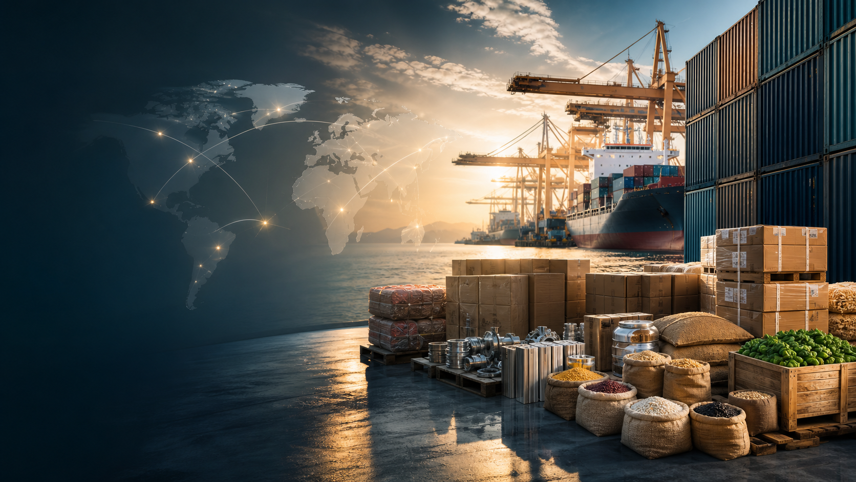 International export import logistics at a modern shipping port